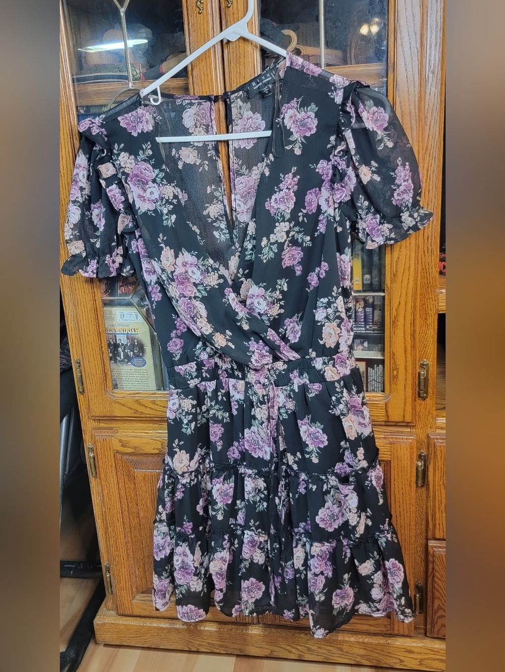 Trixxi Black Midi Dress with Lavender and Cream Floral Print Size Small